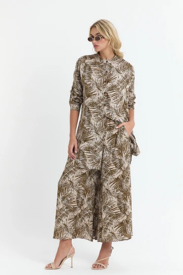 Kahverengi Çiçek Desenli Uzun Tunik Ve Pantolon Dokuma Viscon Alt Üst Takım BCVL-25V053-2