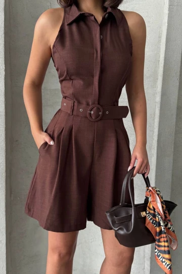 Kahverengi Kemerli Çift Cepli Yakalı Dokuma Tulum BCHN-255010