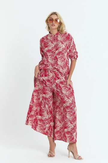 Kırmızı Çiçek Desenli Uzun Tunik Ve Pantolon Dokuma Viscon Alt Üst Takım BCVL-25V053-2