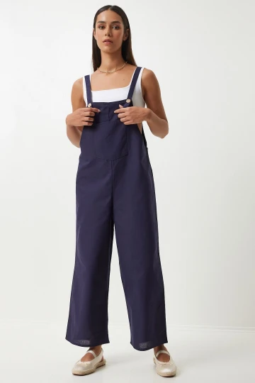 Lacivert Önü Cepli Askılı Yazlık Gabardin Bahçıvan Tulum