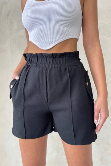 Siyah Çift Cepli Beli Fırfırlı Önü Çimalı Keten Şort BCHN-2525834
