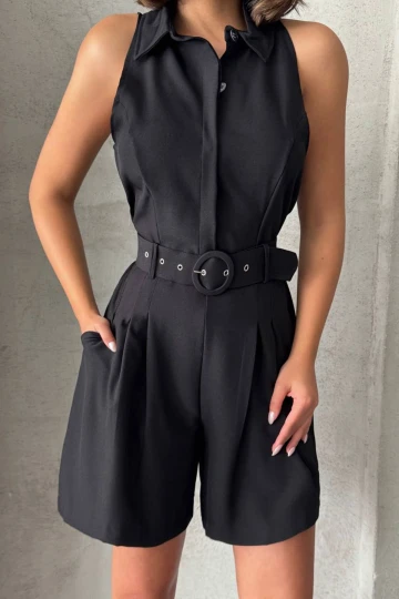 Siyah Kemerli Çift Cepli Yakalı Dokuma Tulum BCHN-255010