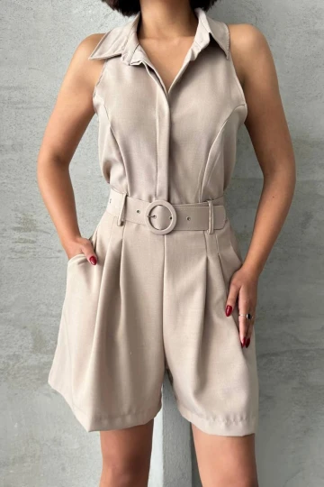 Taş Kemerli Çift Cepli Yakalı Dokuma Tulum BCHN-255010