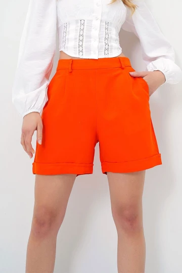 Turuncu Duble Paça Gizli Fermuarlı Yazlık Keten Dokuma Şort BCIR-251002