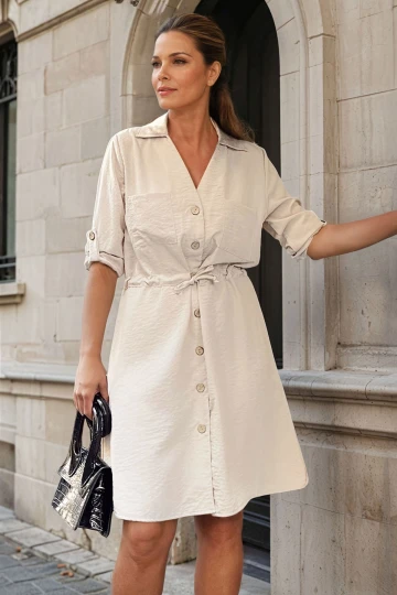 Bej Modal Beli Bağlamalı Cepli Önü Düğmeli Salaş Elbise BCBSK-25700-3411