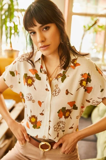 Bej Oversize Rahat Kesim Kısa Kol Gömlek BCBSK-25700-K5157