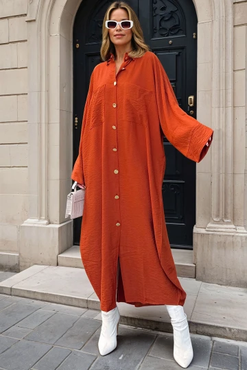 Kiremit Keten Yarasa Kol Salaş Cepli Gömlek Elbise BCBSK-25700-3282