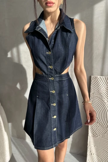 Lacivert Kolsuz Bel Dekolteli Özel Tasarım Jean Elbise