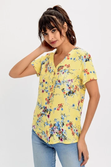 Sarı V Yaka Desenli Bluz BCBSK-25700-H5030