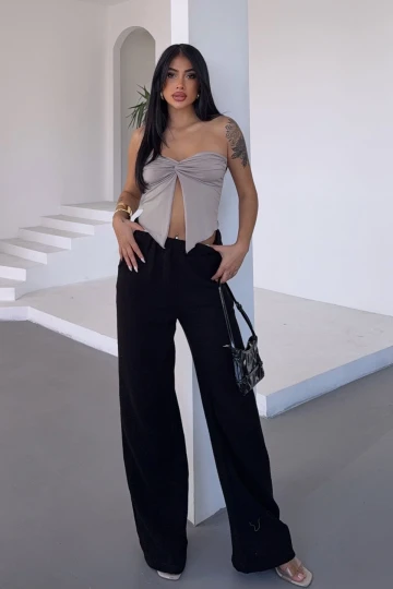 Siyah Beli Lastikli Muslin Dokuma Pantolon BCBT-251007