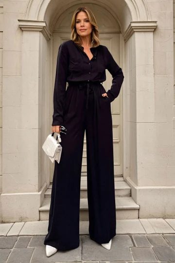 Siyah Kendinden Kemerli Beli Lastikli Yarım Pat Cepli Tulum BCBSK-25700-3297