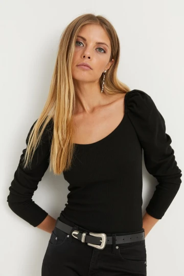 Siyah Prenses Kol Kare Yaka Çizgili Bluz BCBSK-25700-K5684