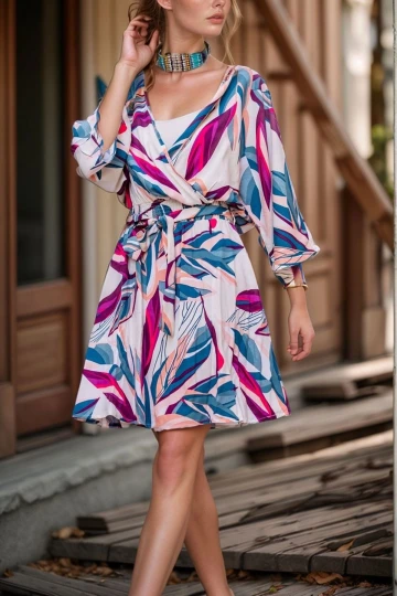 Bej Beli Büzgülü Kruvaze Kloş Elbise BCBSK-25700-3155