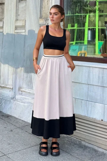 Bej Beli Şeritli Lastikli Color Block Kiloş Uzun Etek BCBSK-25700-3535