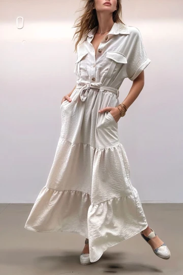 Bej Yarım Patlı Eteği Piliseli Kendinden Kemerli Salaş Elbise BCBSK-25700-3336