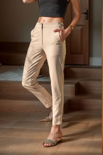 Bej Yüksek Bel Bant Şeritli Kalem Pantolon BCBSK-25700-3186