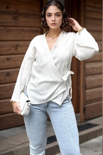 Beyaz Müslin Kruvaze Bağlamalı Salaş Bluz BCBSK-25700-3610