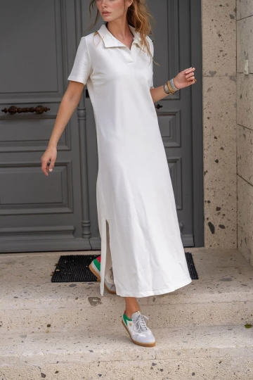 Beyaz Polo Yaka Yanı Yırtmaçlı Uzun Elbise BCBSK-25700-3525