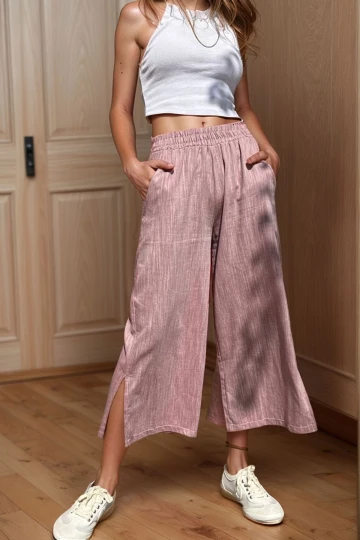 Bordo Keten Beli Lastikli Cepli Paçası Yırtmaçlı Salaş Kapri Pantolon BCBSK-25700-3404