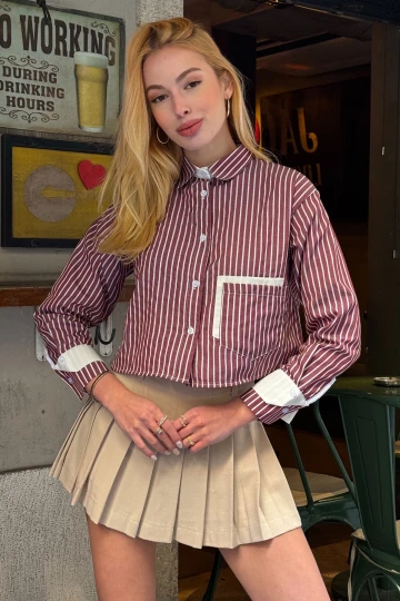 Bordo Manşet Ve Cepleri Garnili Çizgili Oversize Crop Dokuma Gömlek BC231036
