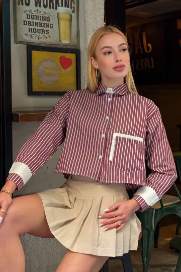 Bordo Manşet Ve Cepleri Garnili Çizgili Oversize Crop Dokuma Gömlek