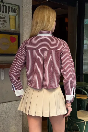 Bordo Manşet Ve Cepleri Garnili Çizgili Oversize Crop Dokuma Gömlek