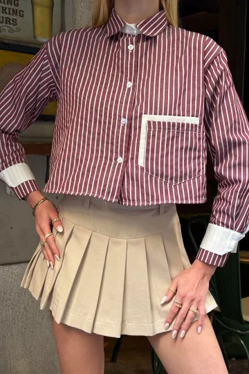 Bordo Manşet Ve Cepleri Garnili Çizgili Oversize Crop Dokuma Gömlek