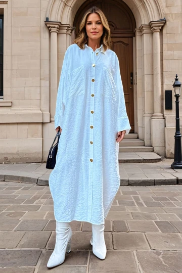 Ekru Keten Yarasa Kol Salaş Cepli Gömlek Elbise BCBSK-25700-3282