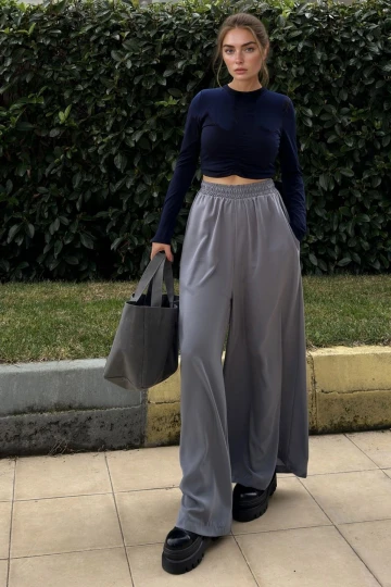 Gri Beli Lastikli Cepli Bol Paça Yumuşak Dokulu Salaş Pantolon BCBSK-25700-3391