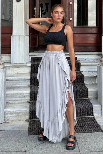 Gri Yanı Fırfırlı Yırtmaçlı Beli Lastikli Belmando Salaş Şalvar Pantolon BCBSK-25700-3635