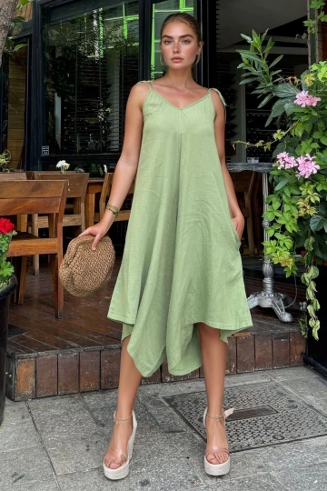 Haki Askılı Asimetrik Cepli Bol Kesim Müslin Salaş Tulum BCBSK-25700-3629