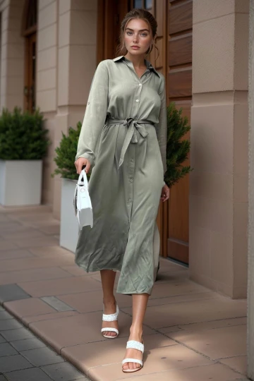 Haki Kendinden Kuşaklı Uzun Gömlek Elbise BCBSK-25700-T4011-1490