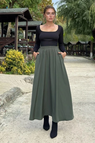 Haki Yüksek Bel Lastikli Uzun Etek BCBSK-25700-3676