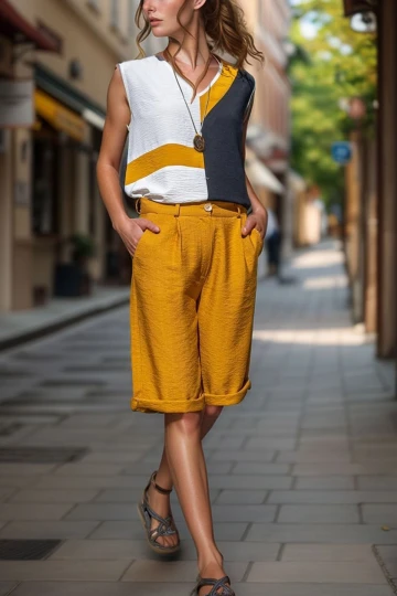 Hardal Cepli Duble Paça Keten Bermuda Şort BCBSK-25700-2912