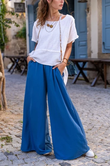 İndigo Beli Lastikli Cepli Bol Paça Yumuşak Dokulu Salaş Pantolon BCBSK-25700-3391