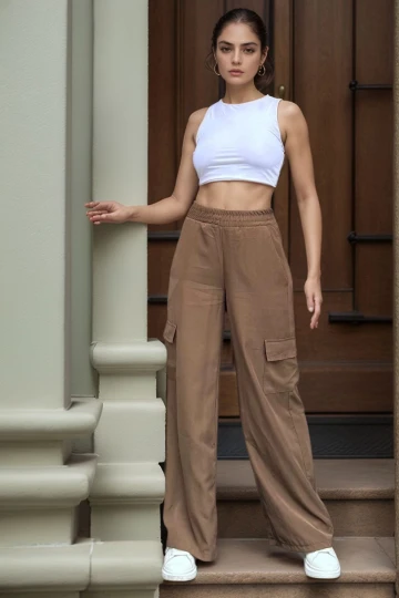 Kahve Yanı Cepli Beli Lastikli Bol Paça Salaş Pantolon BCBSK-25700-3600