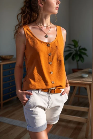 Kiremit Askılı Düğmeli Keten Bluz BCBSK-25700-2910