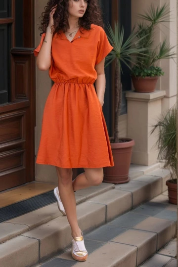 Kiremit Beli Büzgülü Yakası Yırtmaçlı Keten Elbise BCBSK-25700-2874