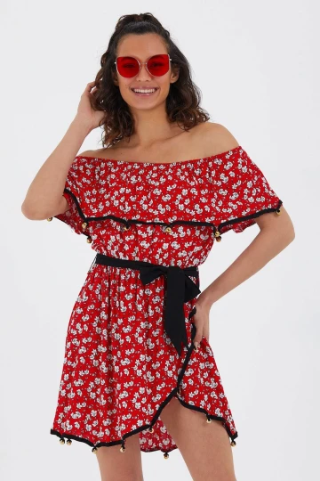 Kırmızı Madonna Yaka Desenli Volanlı Dokuma Elbise BCVL-251000ELB