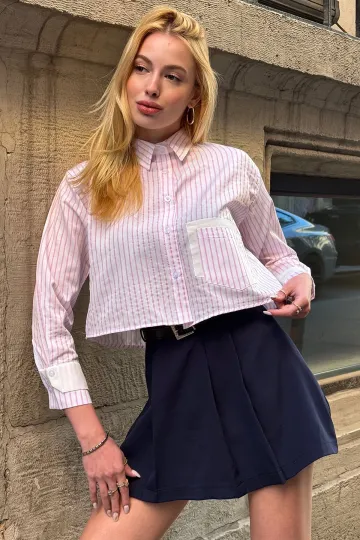 Pembe Çizgili Manşet Ve Cepleri Garnili Çizgili Oversize Crop Dokuma Gömlek