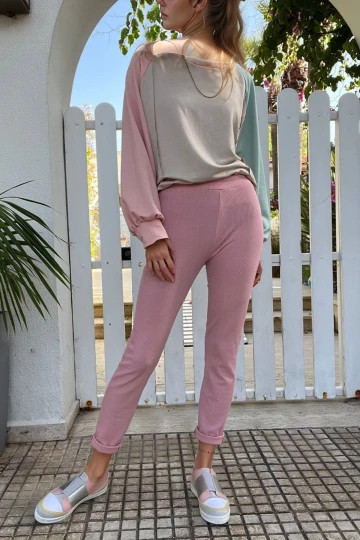 Pembe Yumuşak Dokulu Fitilli Yüksek Bel Tayt BCBSK-25700-3452