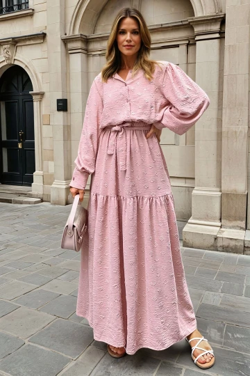 Pudra Beli Bağlamalı Uzun Elbise BCBSK-25700-3550