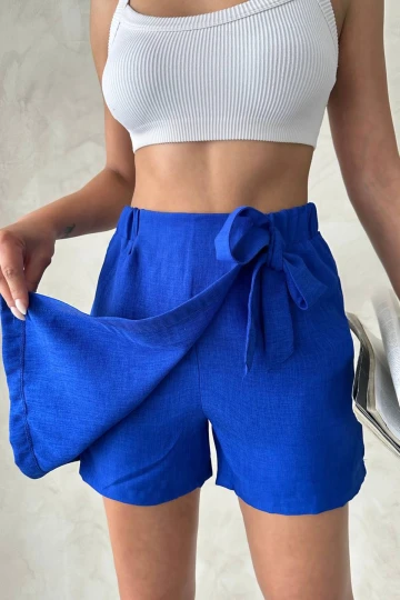 Saks Fiyonklu Önü Parçalı Dokuma Şort Etek