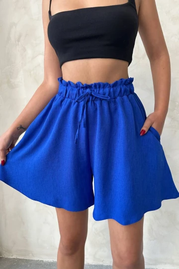 Saks Volanlı Rahat Kalıp Beli Lastikli Keten Şort BCHN-25255058