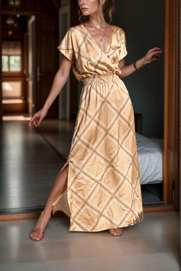 Sarı Kruvaze Kiloş Yırtmaçlı Uzun Saten Elbise BCBSK-25700-3239