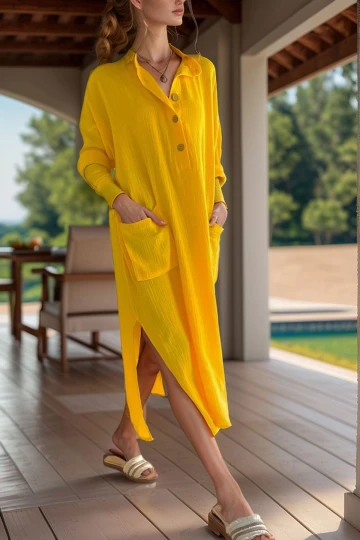 Sarı Müslin Yarım Patlı Cepli Yırtmaçlı Bol Kesim Salaş Elbise BCBSK-25700-3620