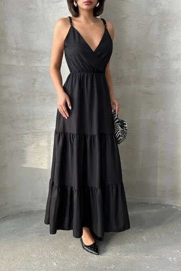 Siyah Askılı Kruvaze Yaka Eteği Kat Kat Volanlı Keten Elbise BCHN-25255049