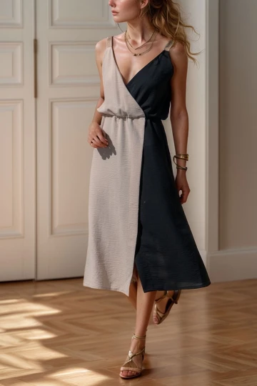 Siyah Hasır Askılı Kruvaze Color Block Airobin Elbise BCBSK-25700-2922