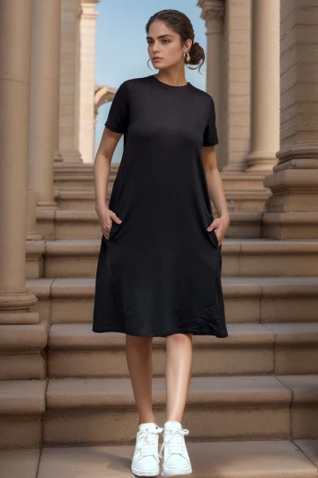 Siyah Kısa Kollu Cepli Kiloş Basic Elbise BCBSK-25700-3614
