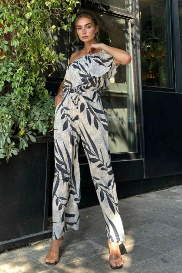 Siyah Tek Omuzlu Fırfırlı Cepli Beli Lastikli Kuşaklı Bol Paça Tulum BCBSK-25700-3648